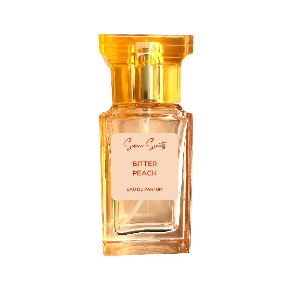 30ml bottle of Bitter Peach inspired perfume – Tom Ford dupe with peach, rum, and patchouli notes.