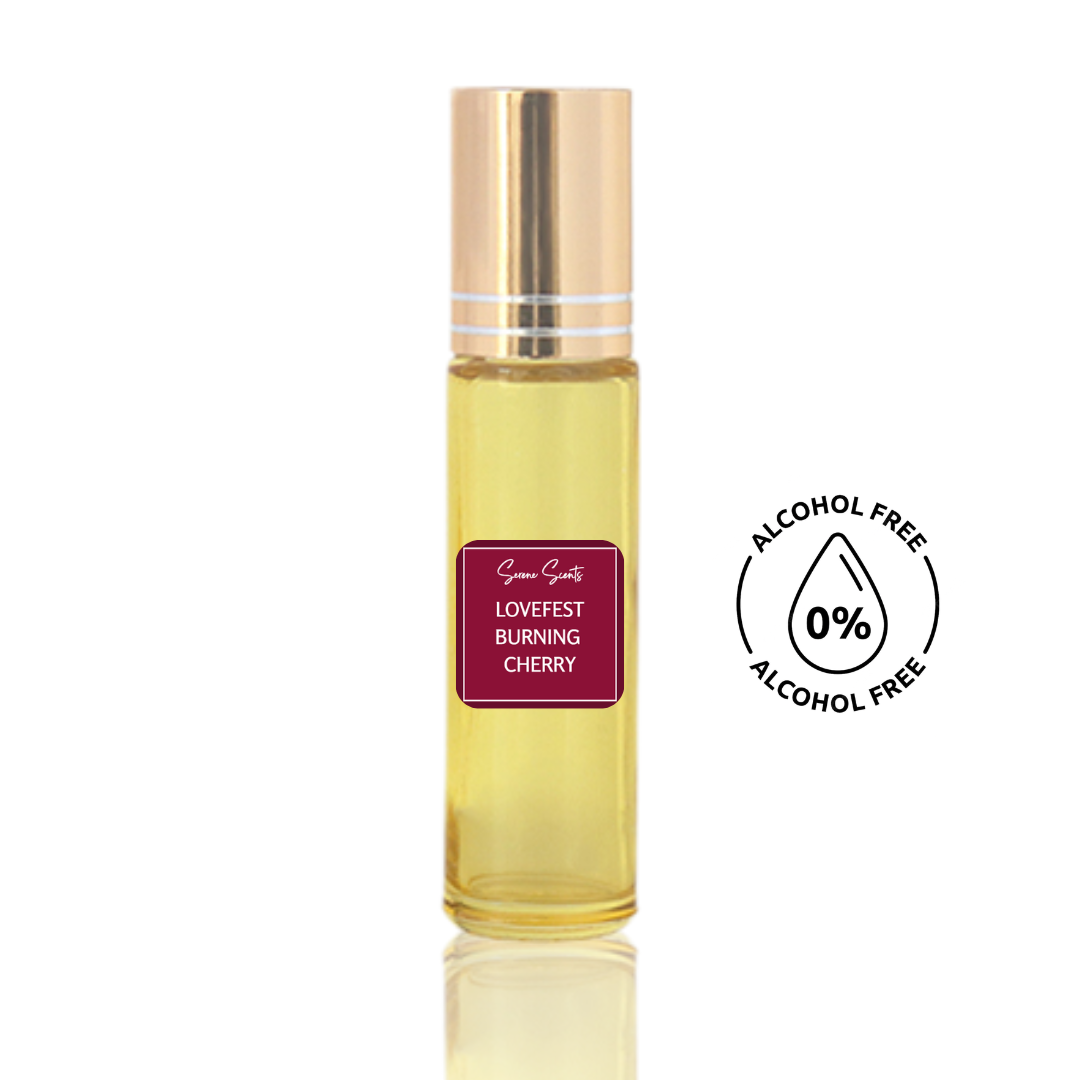10ml roll-on bottle of Lovefest Burning Cherry inspired perfume oil – Luxe Perfume, alcohol-free attar with cherry, vanilla, and smoky amber notes