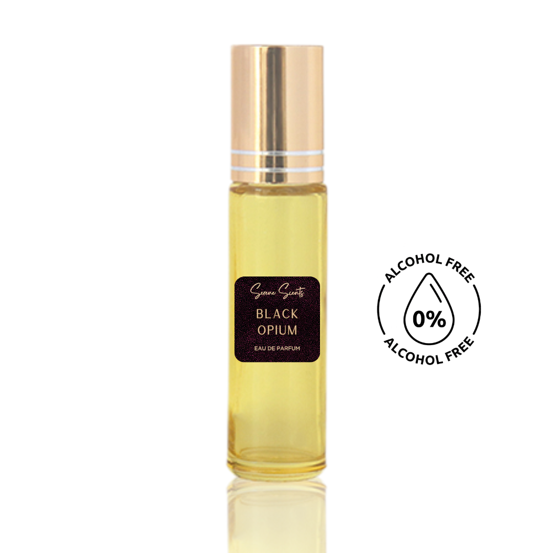 10ml roll-on bottle of Black Opium inspired perfume oil – Luxe Perfume, with vanilla, coffee, and floral notes, alcohol-free attar