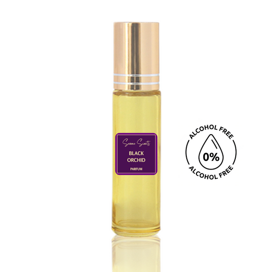 10ml roll-on bottle of Black Orchid inspired perfume oil – Luxe Perfume, with black truffle and floral notes, alcohol-free attar