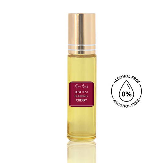 10ml roll-on bottle of Lovefest Burning Cherry inspired perfume oil – Luxe Perfume, alcohol-free attar with cherry, vanilla, and smoky amber notes