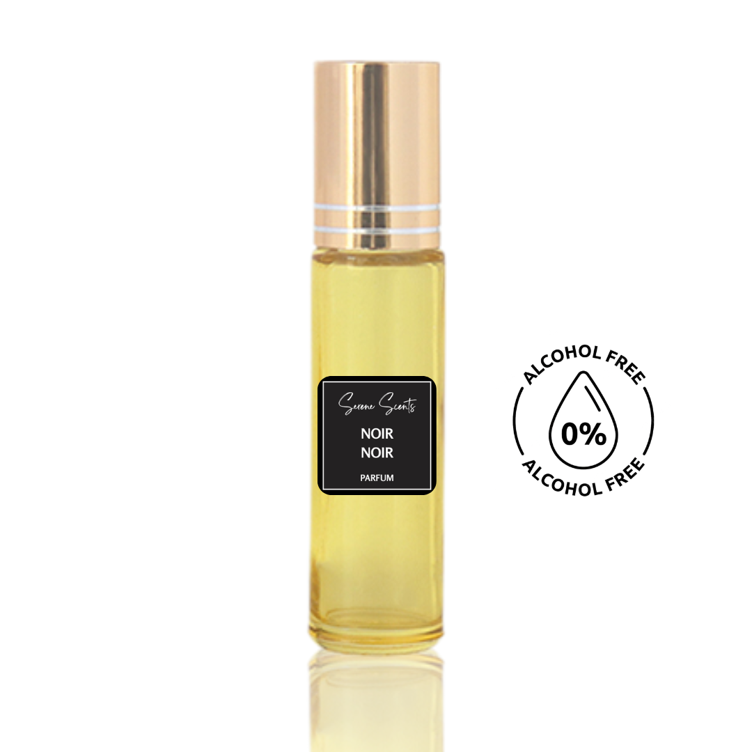 10ml roll-on bottle of Tom Ford Inspired Noir Noir perfume oil – Luxe Perfume, alcohol-free attar with saffron, rose, and amber notes