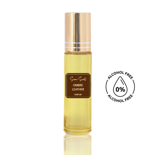 10ml roll-on bottle of Ombre Leather inspired perfume oil – Luxe Perfume, with leather, jasmine, and amber notes, alcohol-free