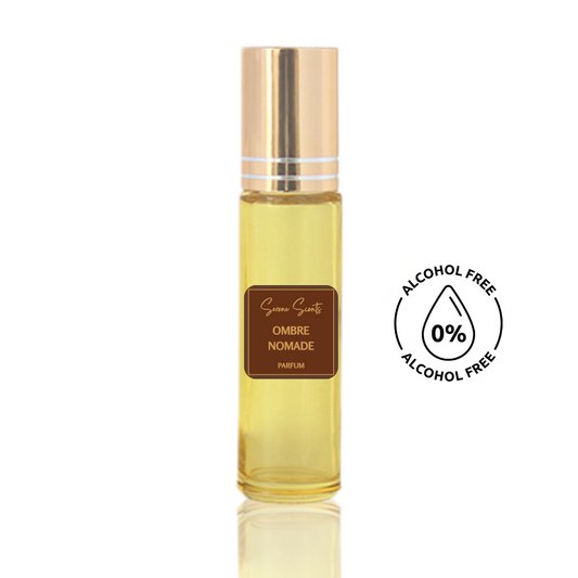 10ml roll-on bottle of Ombre Nomade inspired perfume oil – Luxe Perfume, oud and rose scent, alcohol-free attar