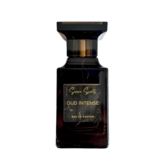50ml bottle of Oud Intense inspired Eau de Parfum – Luxe Perfume with rose, oud, leather and amber notes.