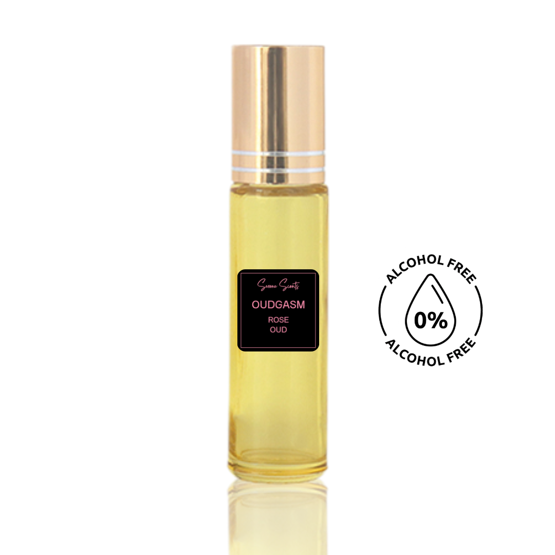 10ml roll-on bottle of Oudgasm Rose Oud inspired perfume oil – Luxe Perfume, alcohol-free attar with oud, rose, and amber notes