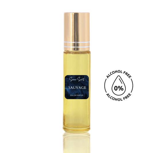 10ml roll-on bottle of Sauvage inspired perfume oil – Luxe Perfume, alcohol-free attar with bergamot, pepper, and amberwood notes