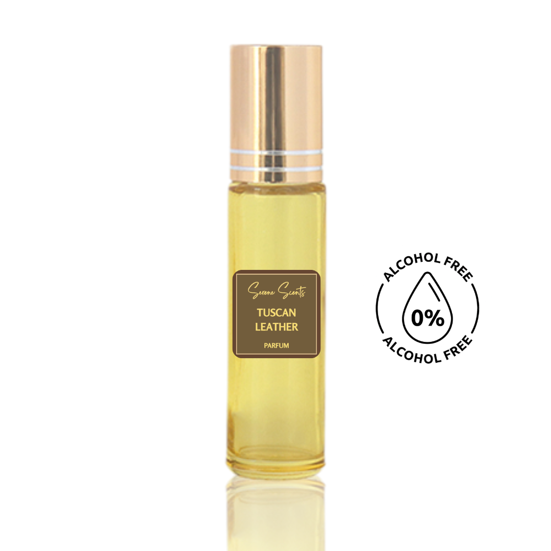 10ml roll-on bottle of Tuscan Leather inspired perfume oil – Luxe Perfume, alcohol-free attar with leather, saffron, and raspberry notes