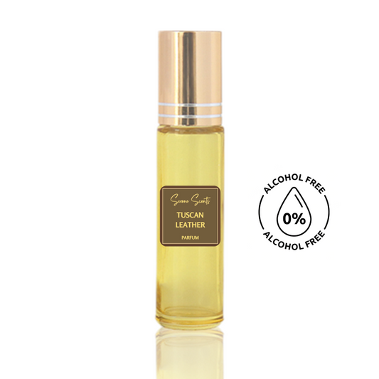 10ml roll-on bottle of Tuscan Leather inspired perfume oil – Luxe Perfume, alcohol-free attar with leather, saffron, and raspberry notes