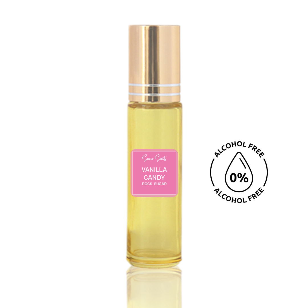 10ml roll-on bottle of Vanilla Candy inspired perfume oil – Luxe Perfume, alcohol-free attar with vanilla, caramel, and praline notes