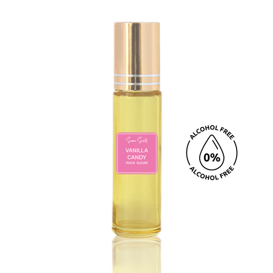 10ml roll-on bottle of Vanilla Candy inspired perfume oil – Luxe Perfume, alcohol-free attar with vanilla, caramel, and praline notes