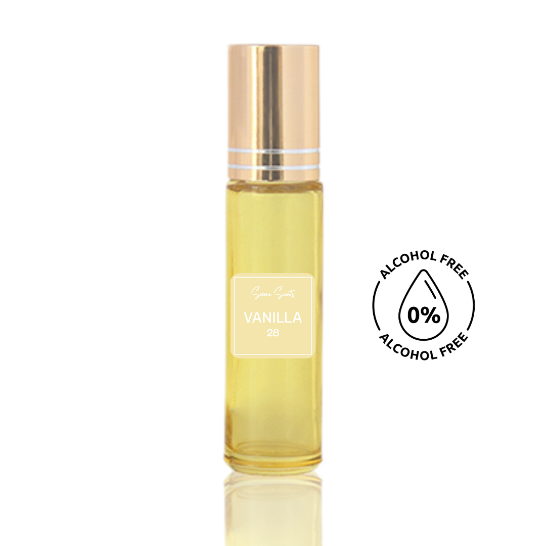 10ml roll-on bottle of Vanilla 28 inspired perfume oil – Luxe Perfume, alcohol-free attar with vanilla, caramel, and sandalwood notes