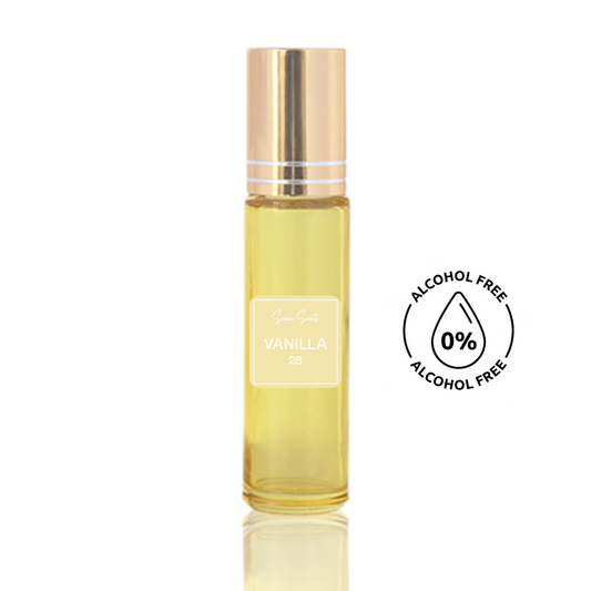 10ml roll-on bottle of Vanilla 28 inspired perfume oil – Luxe Perfume, alcohol-free attar with vanilla, caramel, and sandalwood notes